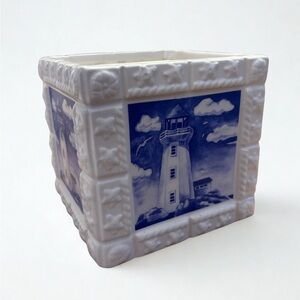 Vintage Art Pottery Square Vase Signed Lighthouse Nautical Coastal Grandma Decor